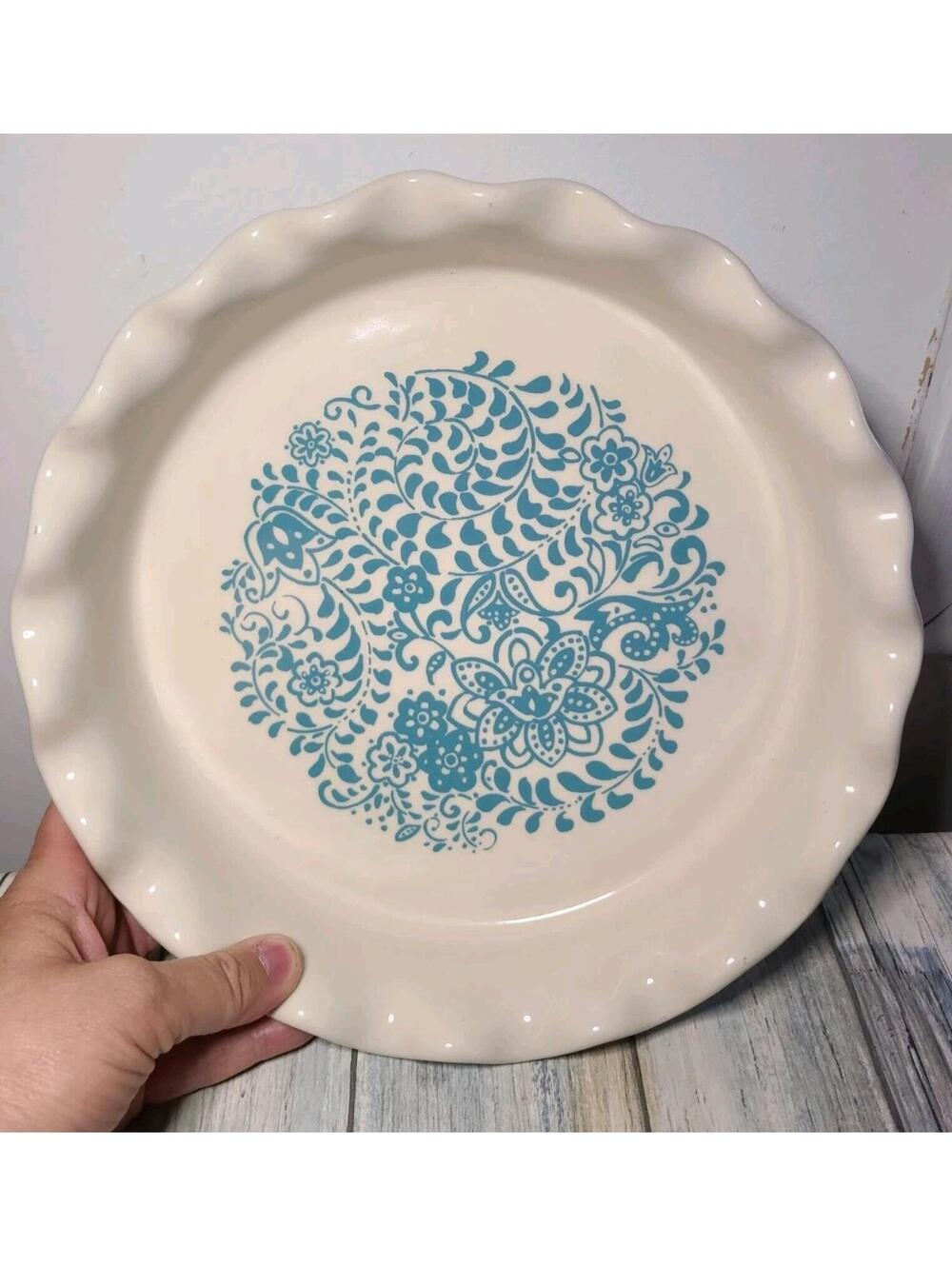 Pioneer Woman Pie Plate Floral Turquoise Daisy Scallop Baking Dish 10.5" D